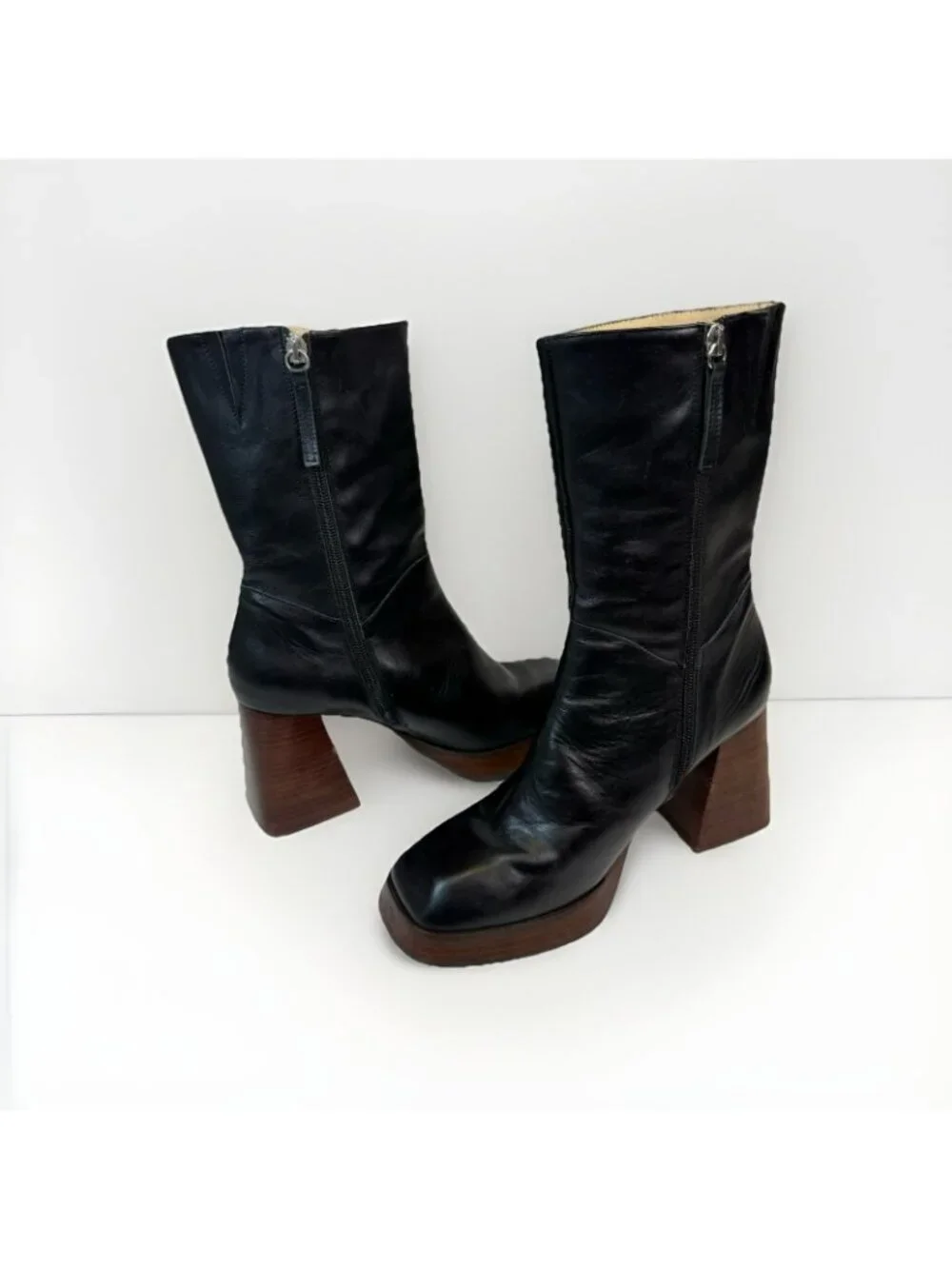 Ana Palma Mid Calf Leather Boots Black Block Heel Square Toe 90s Size 38 US 7 - Picture 6 of 12